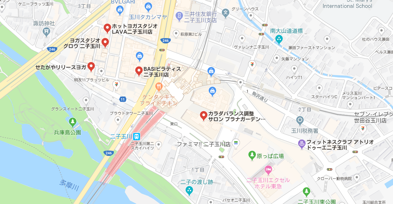 二子玉川駅周辺のヨガマップ