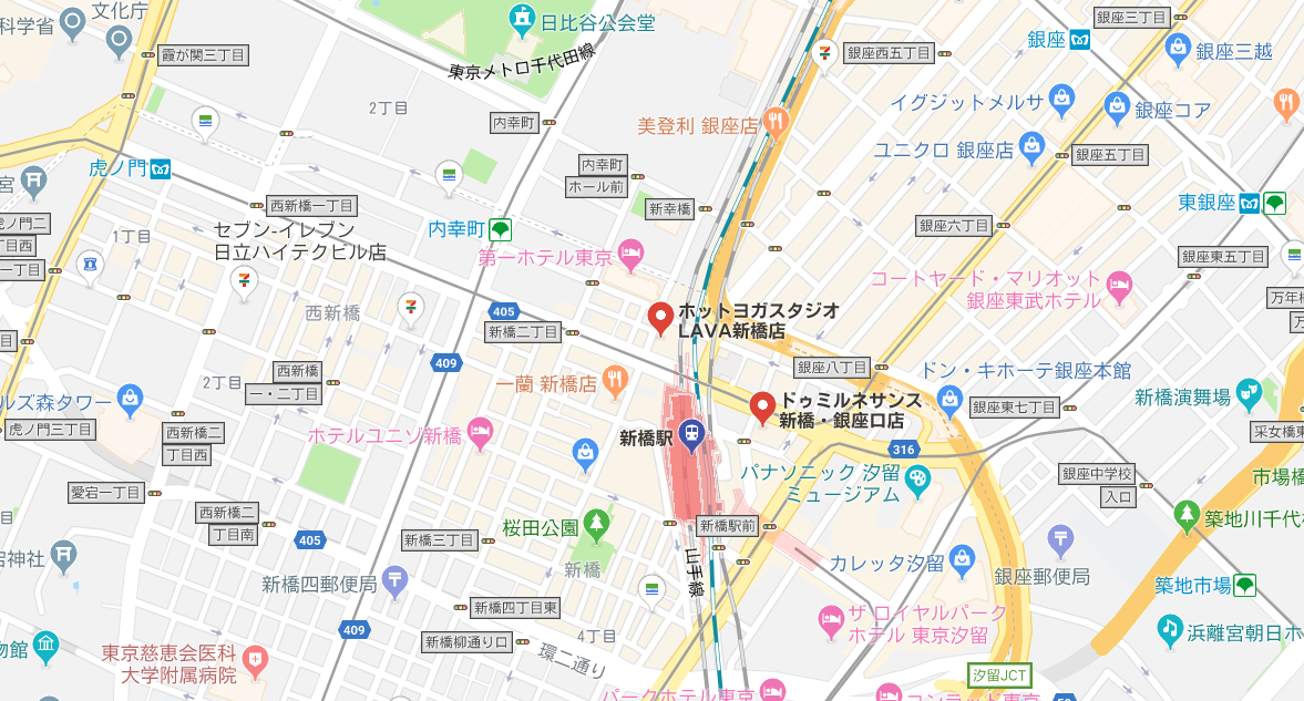 新橋駅周辺のヨガマップ